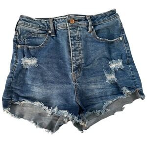 We The Free Denim Shorts Womens 30 Blue Curvy High Rise Distressed Button Fly
